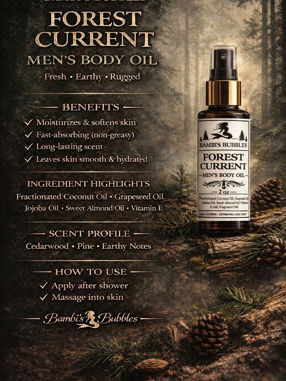 Forest Current Hand Crafted Men's Body Oil 2oz Spray Application